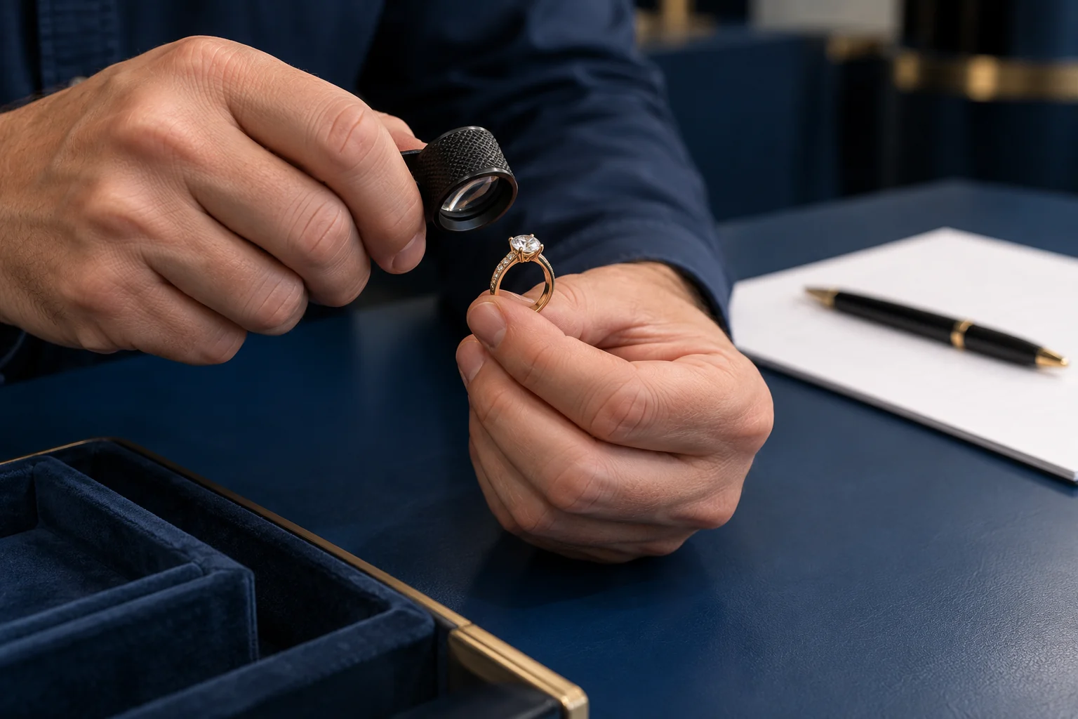 Illustrative close-up of hands assessing jewellery, rather than a staff portrait