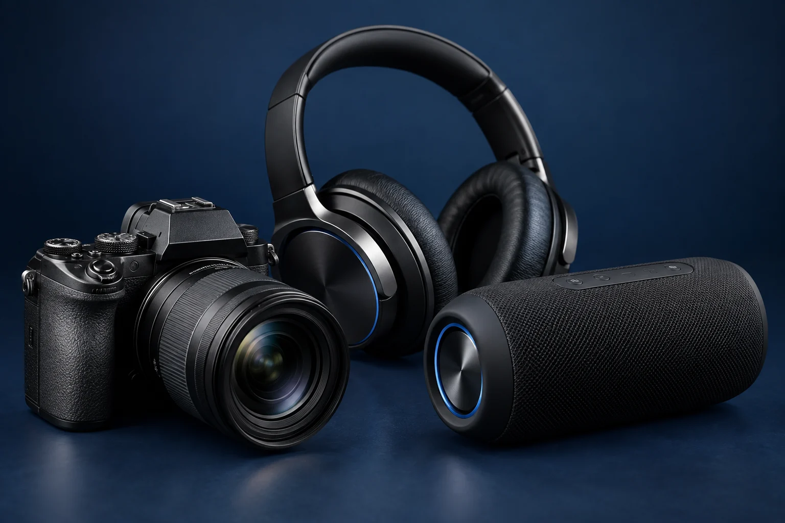 Camera, headphones and portable speaker arranged on a blue studio surface