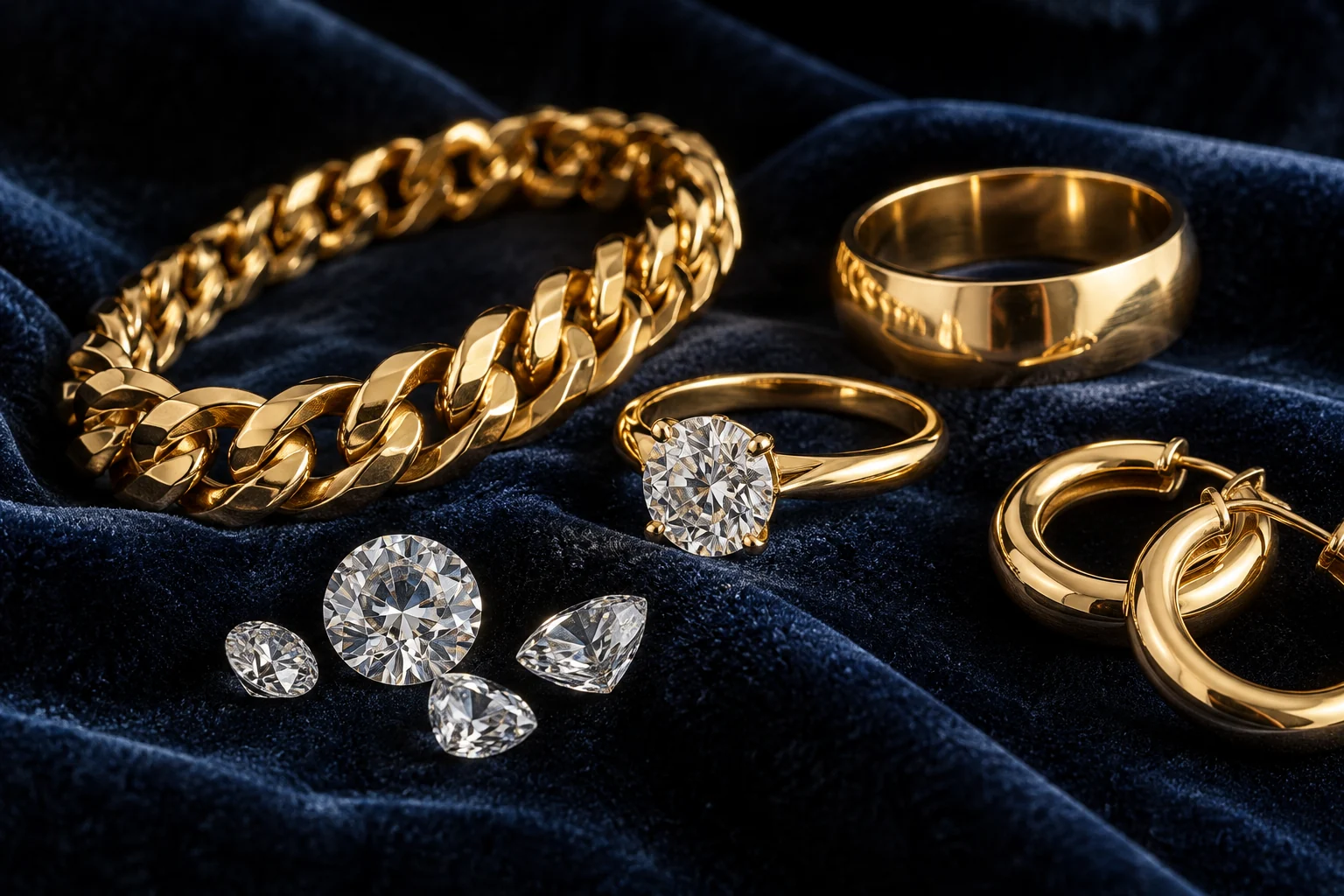 Gold pieces and diamonds on deep blue velvet