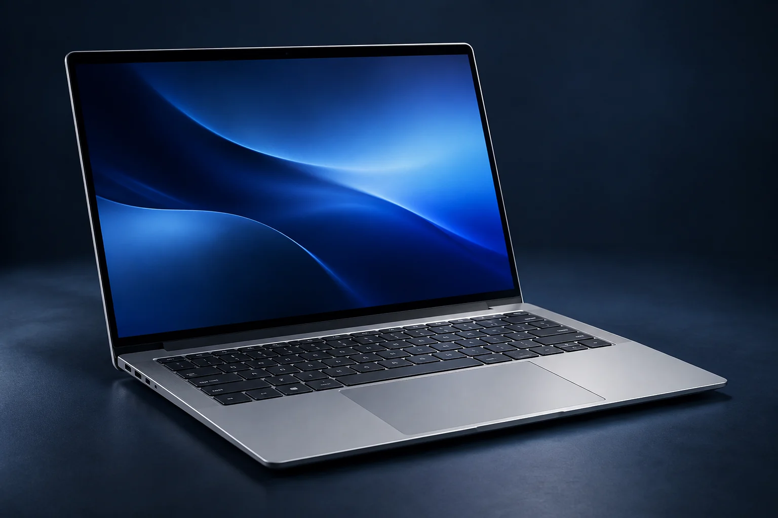 Modern laptop with an abstract blue screen on a dark studio desk